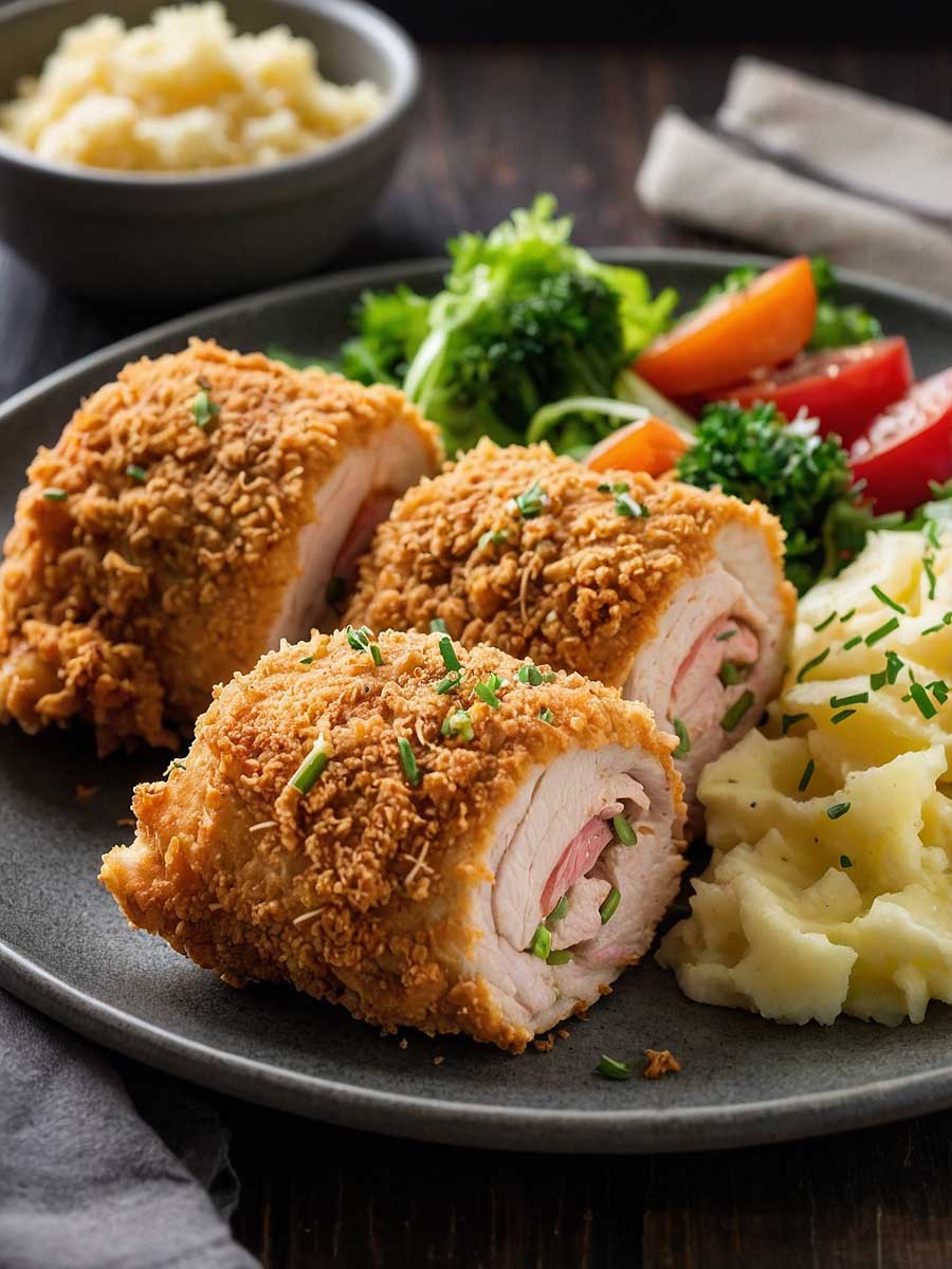 Serving idea for air-fried chicken cordon bleu rolls