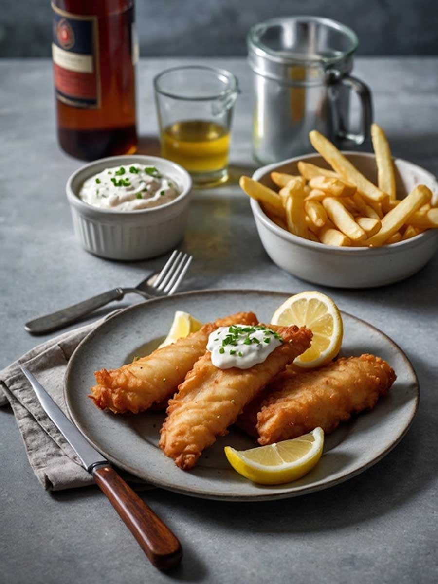 crispy fish and chips freshly cooked in air fryer