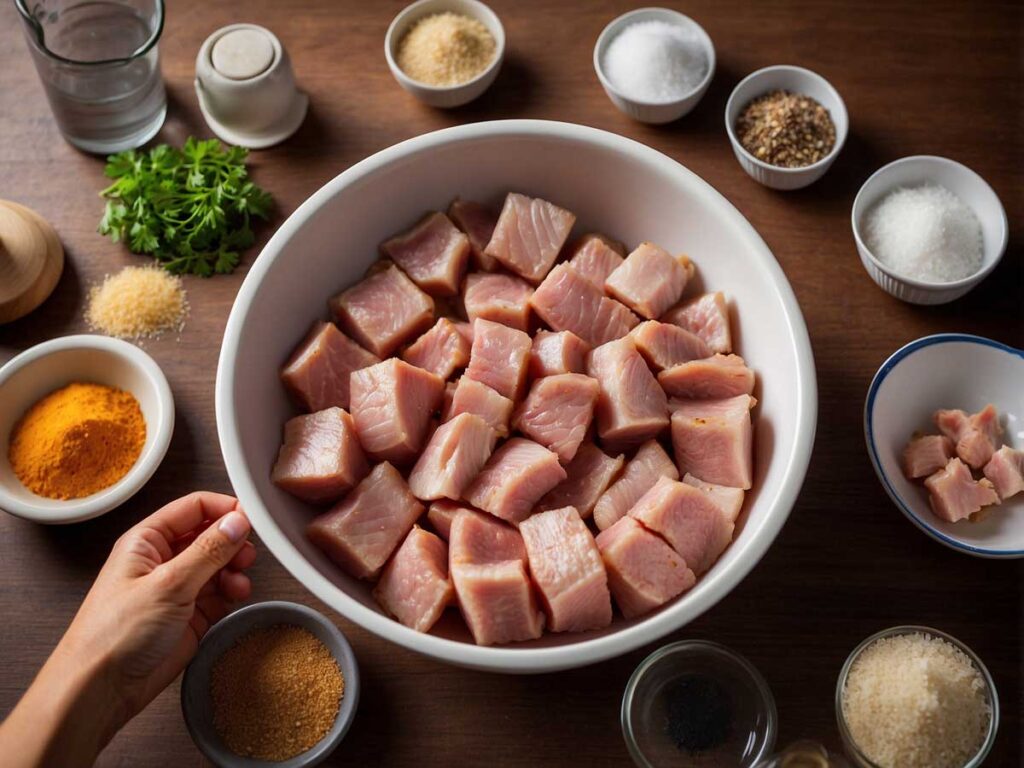 Seasoning pork belly pieces with olive oil, brown sugar, garlic powder, salt, and pepper.