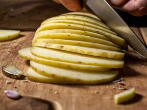 Slicing Hasselback potato with wooden spoons for even cuts